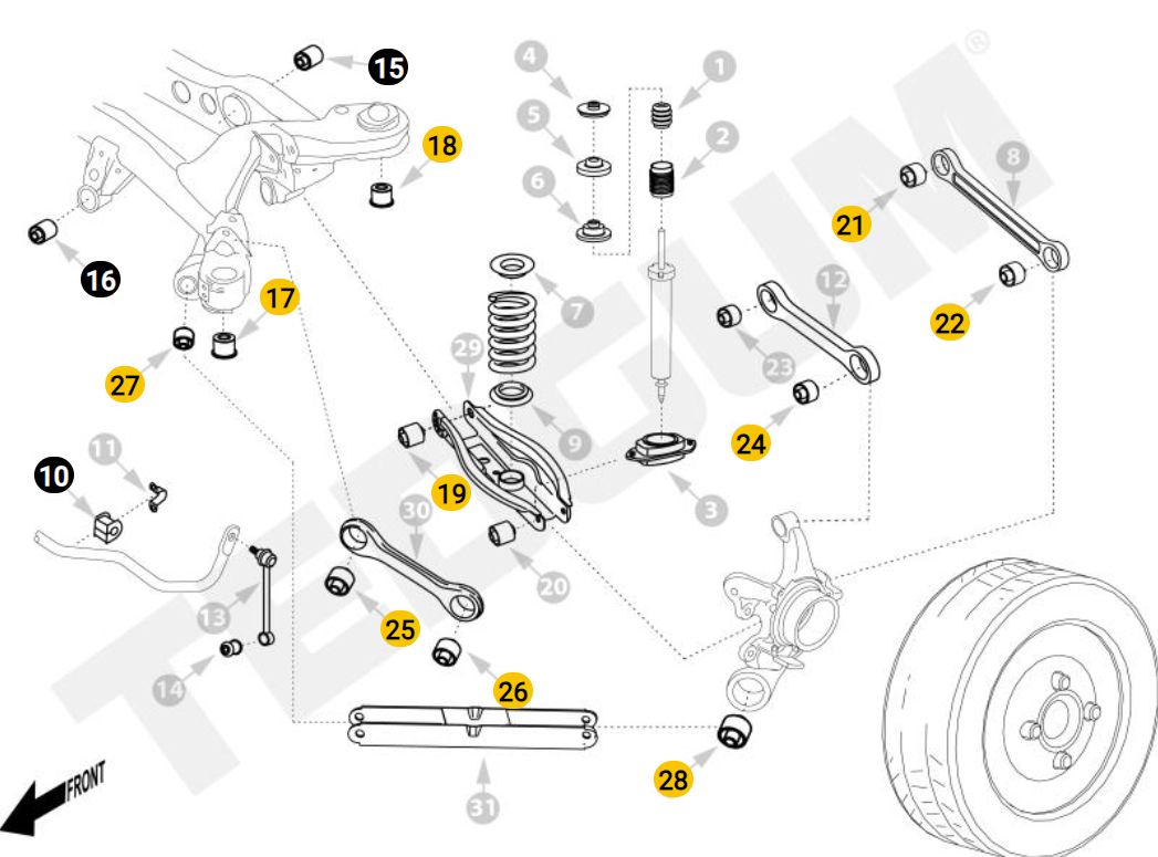 kit of polyurethane bushings - for rear suspension - BMW 3-series E9x (E90, E91, E92, E93)