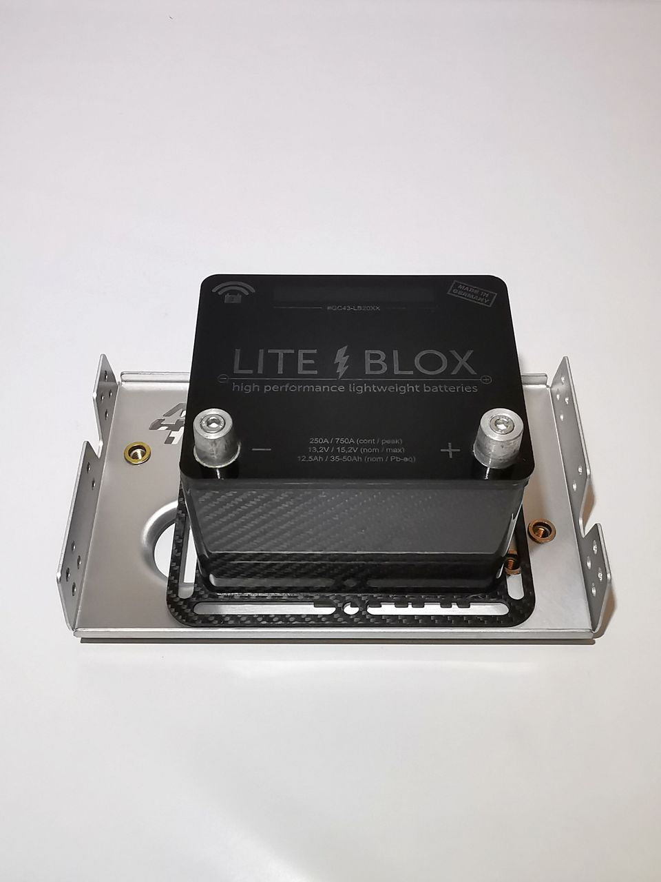 adjustable, universal mounting tray for LiteBlox batteries LB12xx, LB20xx, LB28xx - aluminum