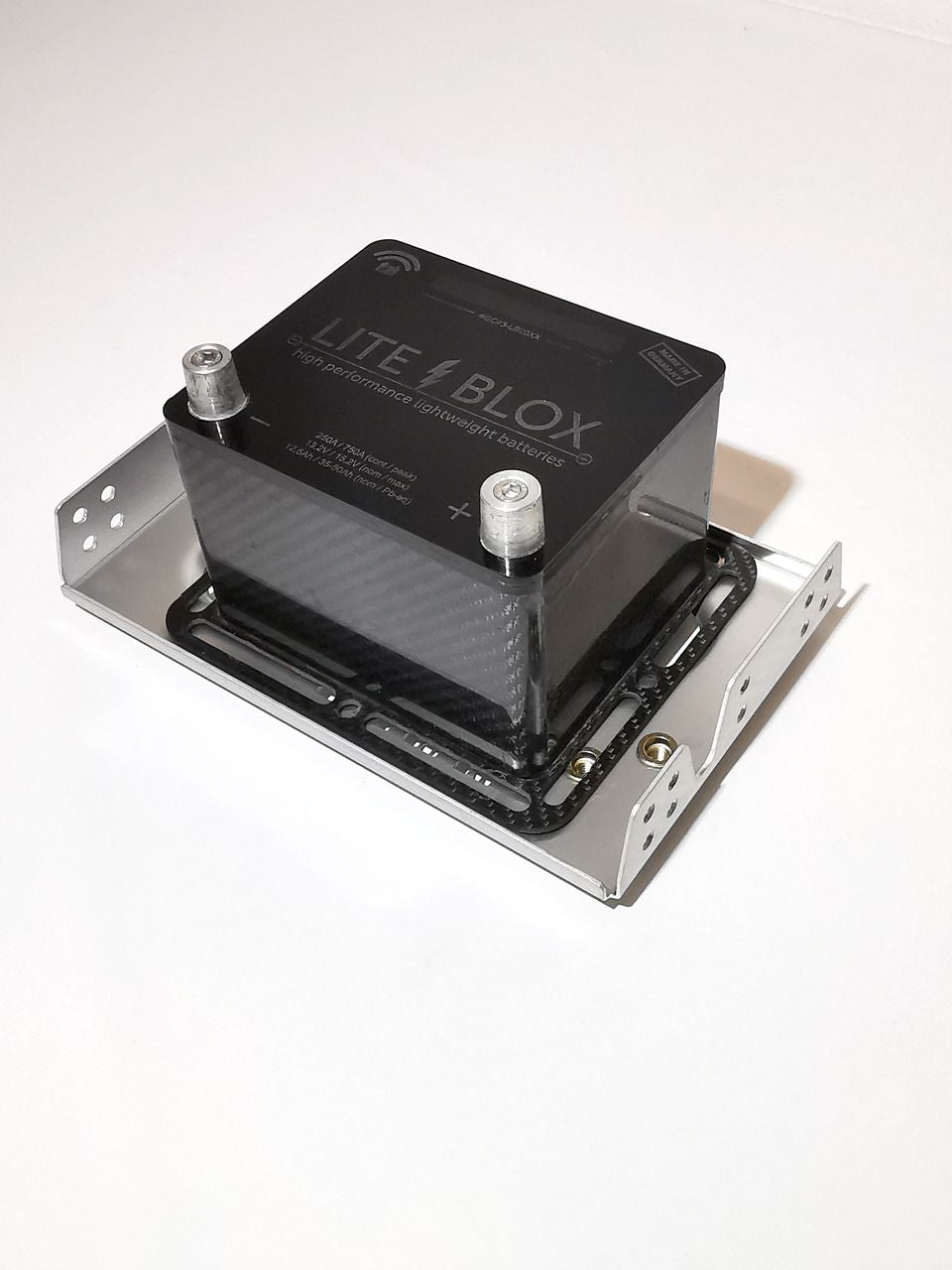 adjustable, universal mounting tray for LiteBlox batteries LB12xx, LB20xx, LB28xx - aluminum