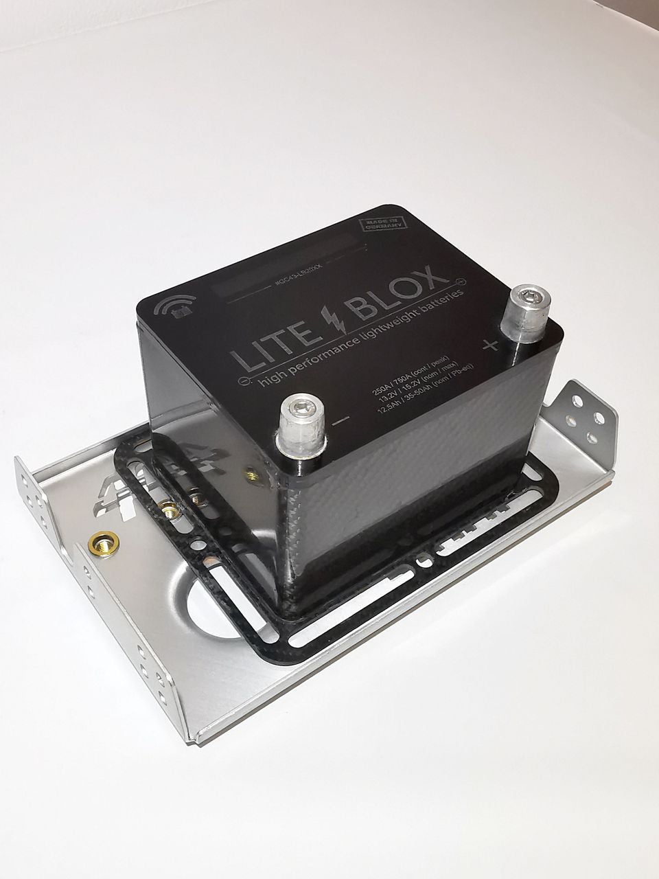 adjustable, universal mounting tray for LiteBlox batteries LB12xx, LB20xx, LB28xx - aluminum